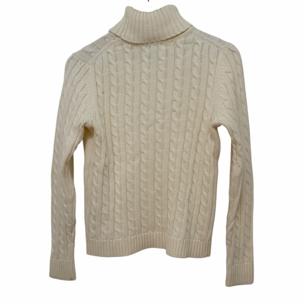 L.L. Bean Heritage Fisherman Sweater Cream Cable Knit Cotton Turtleneck Small - Picture 3 of 9
